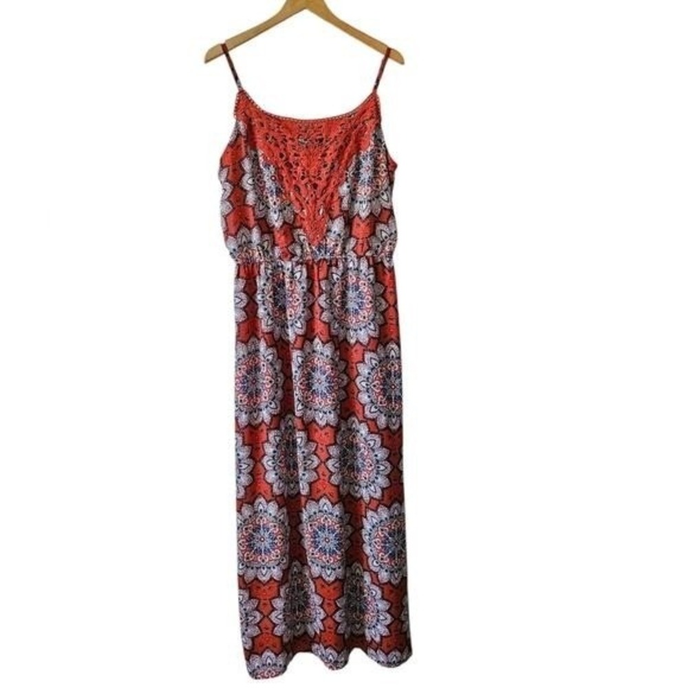 CC Orange Crochet Mandala Medallion Print Boho Festival Sleeveless Maxi Dress XL